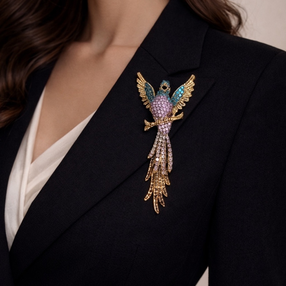 Gold-Tone Parrot Crystal Brooch - Pink & Teal NEW